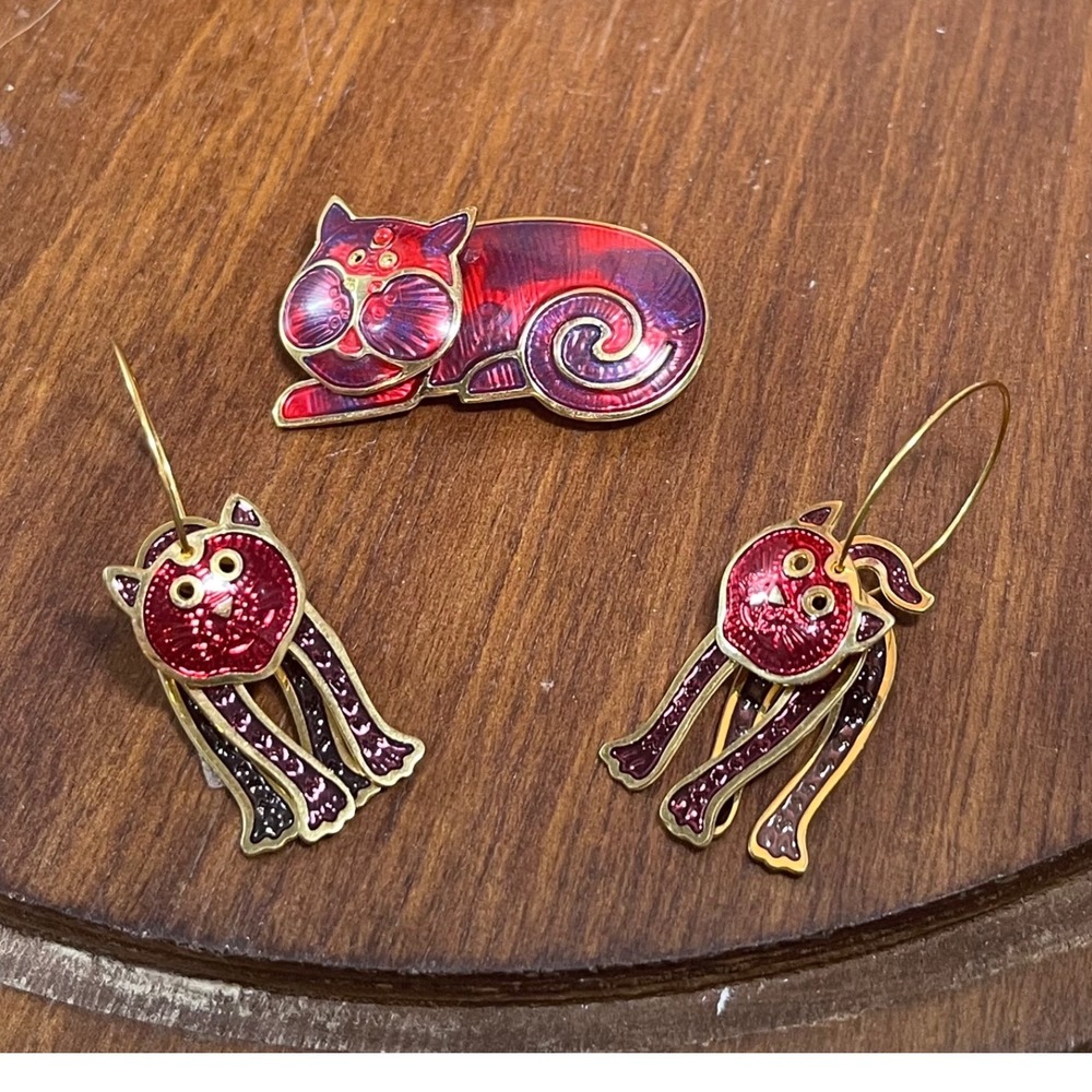 Vtg Edgar Berebi Purple Enamel Cat Brooch Hoop Earrings Jewelry Set